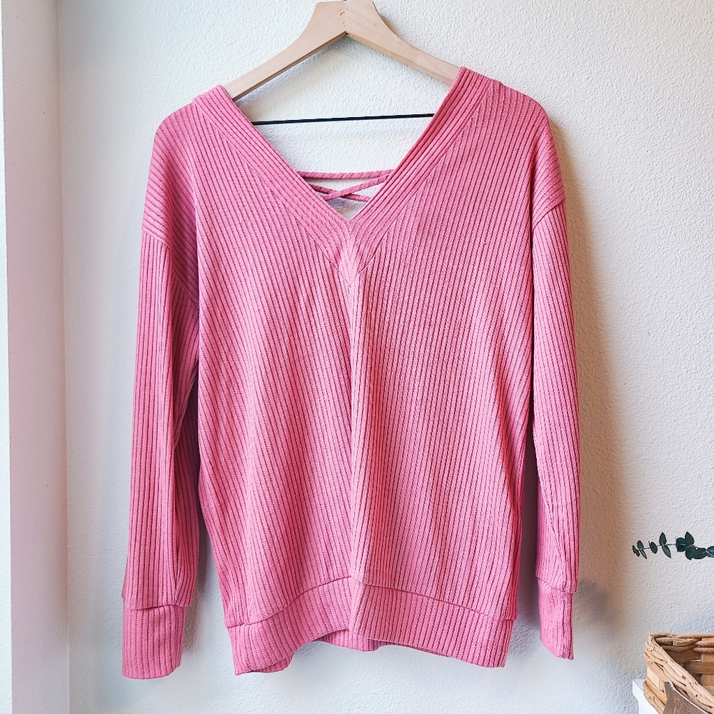 Sadie & Love Pink Ribbed Knit Lace Up Back V Neck Sweater